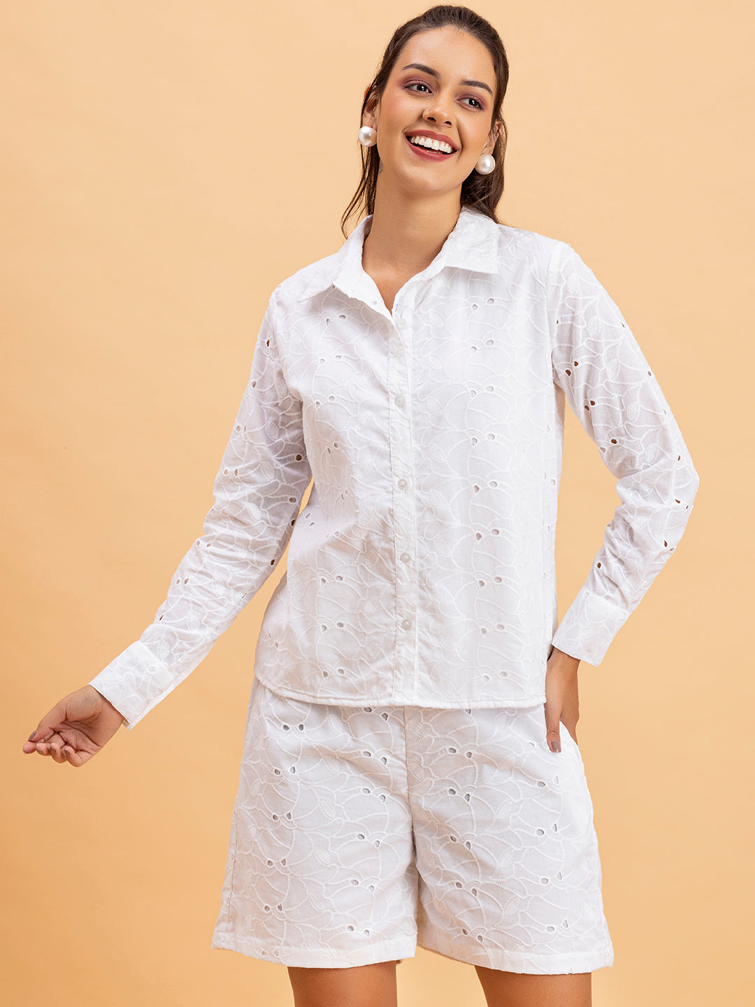 Back view of white schiffli cotton co-ord set