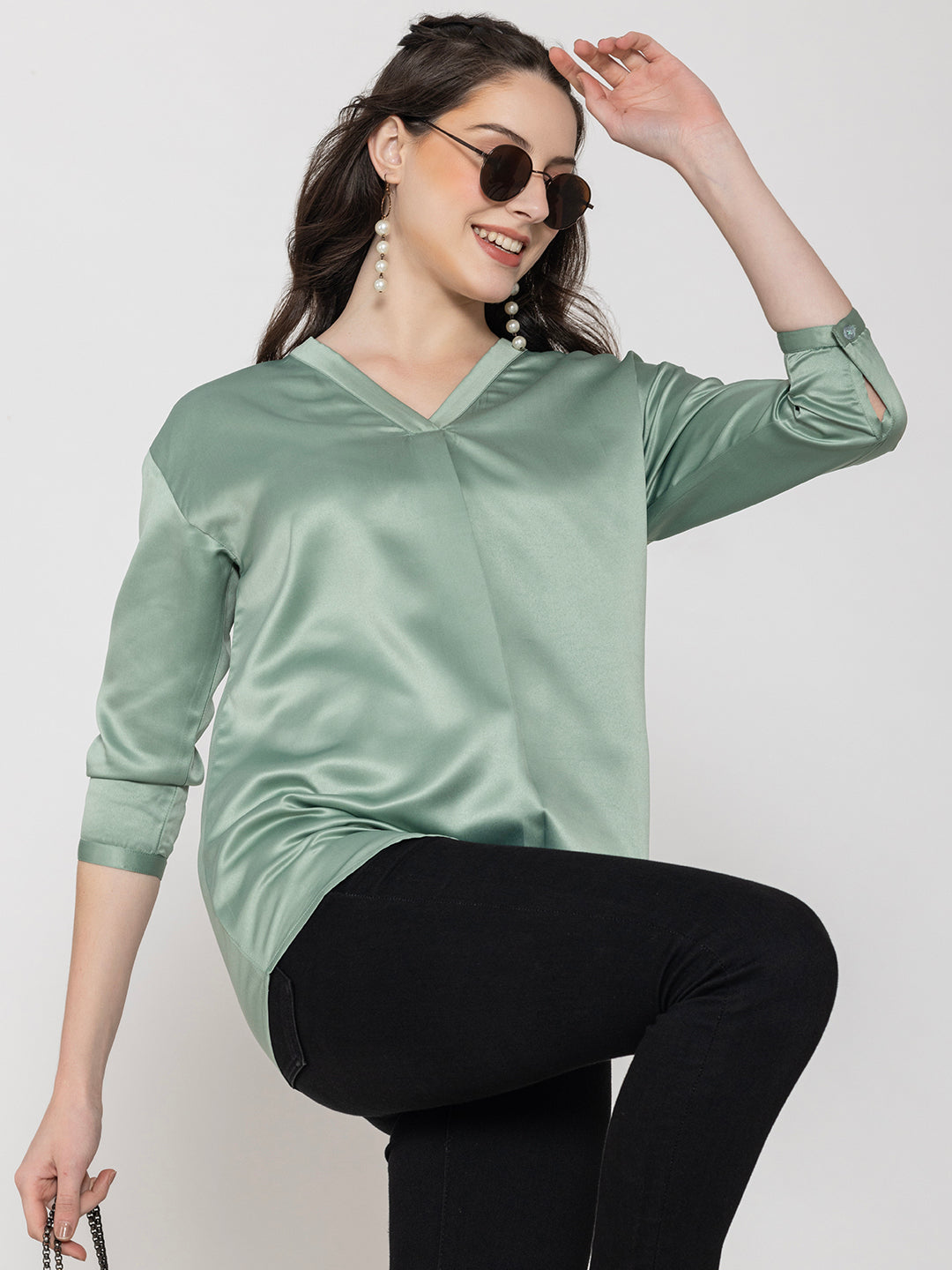 Front view of light green satin v-neck top