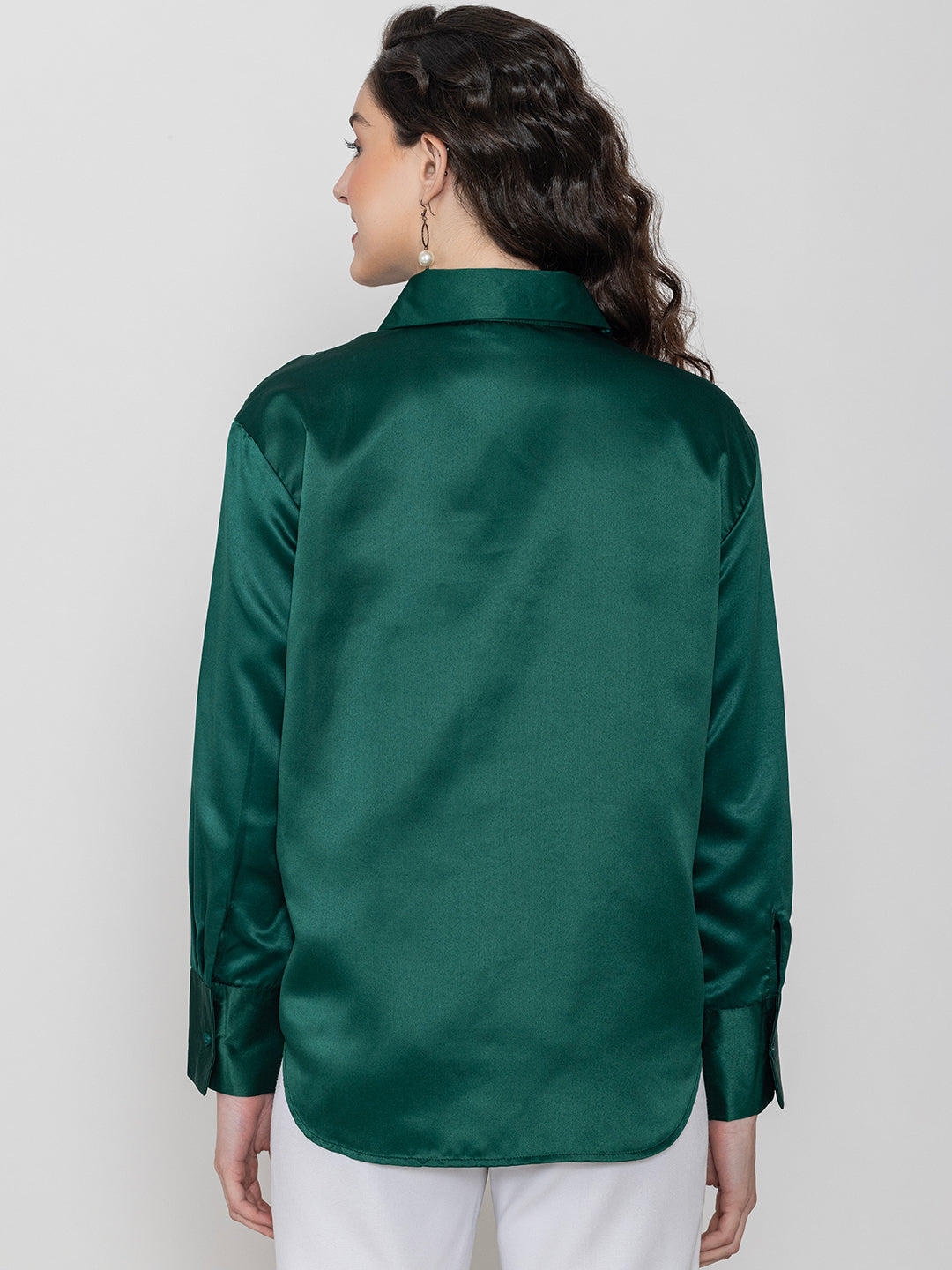 Side view of dark green satin shirt styling
