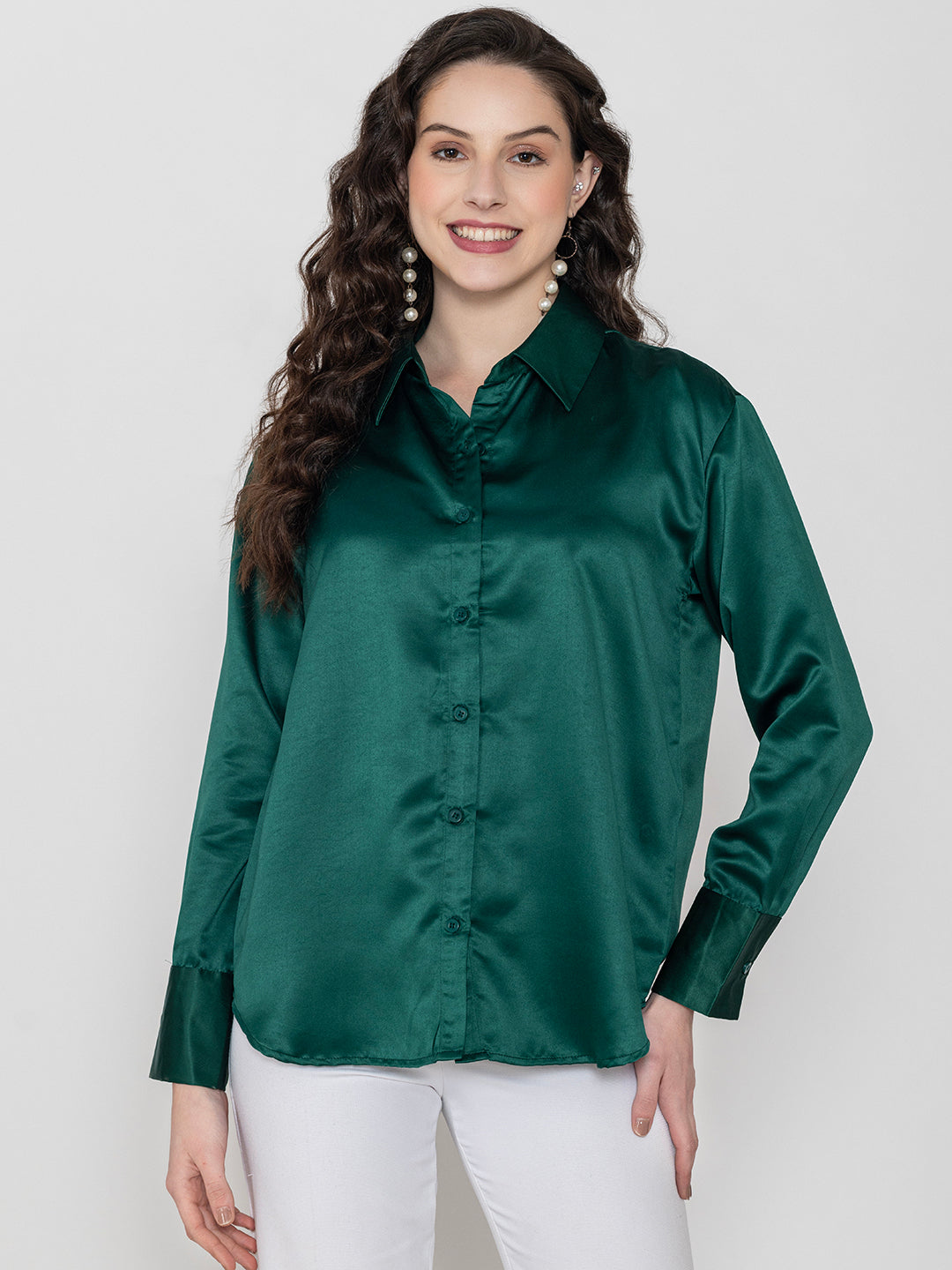 Back view of dark green satin relaxed shirt