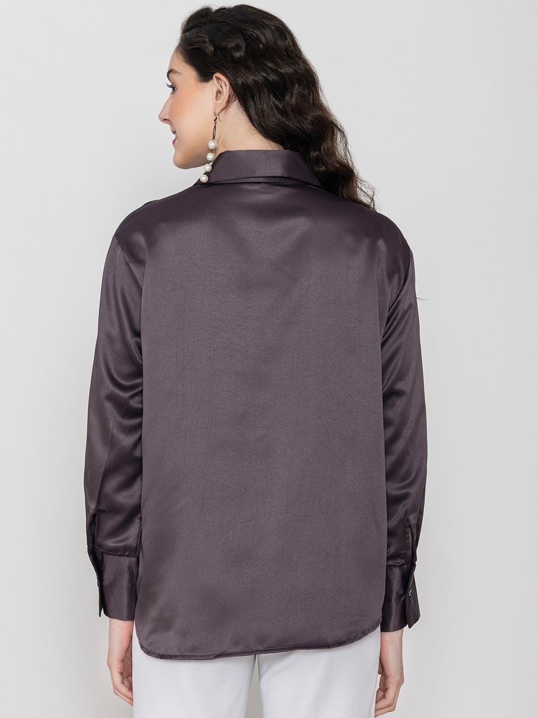 Side view of steel grey satin shirt styling