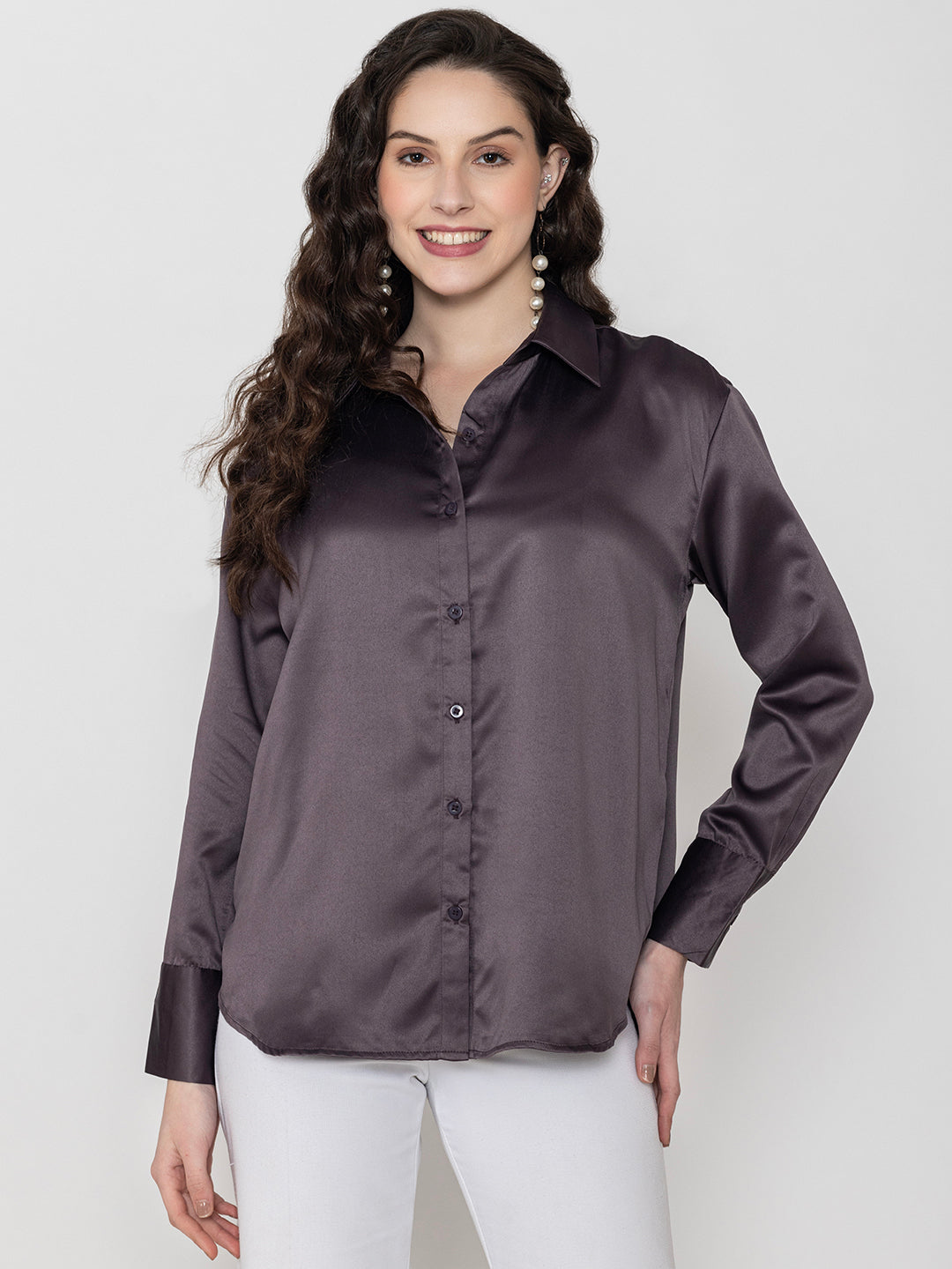 Back view of steel grey satin relaxed shirt