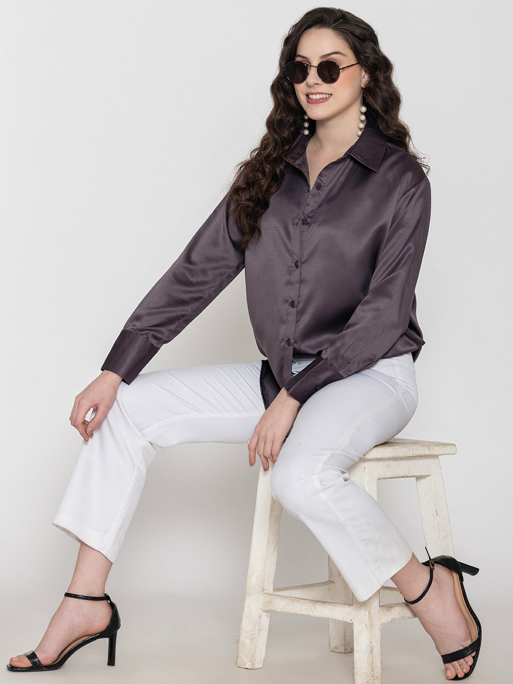 Front view of grey satin shirt with spread collar