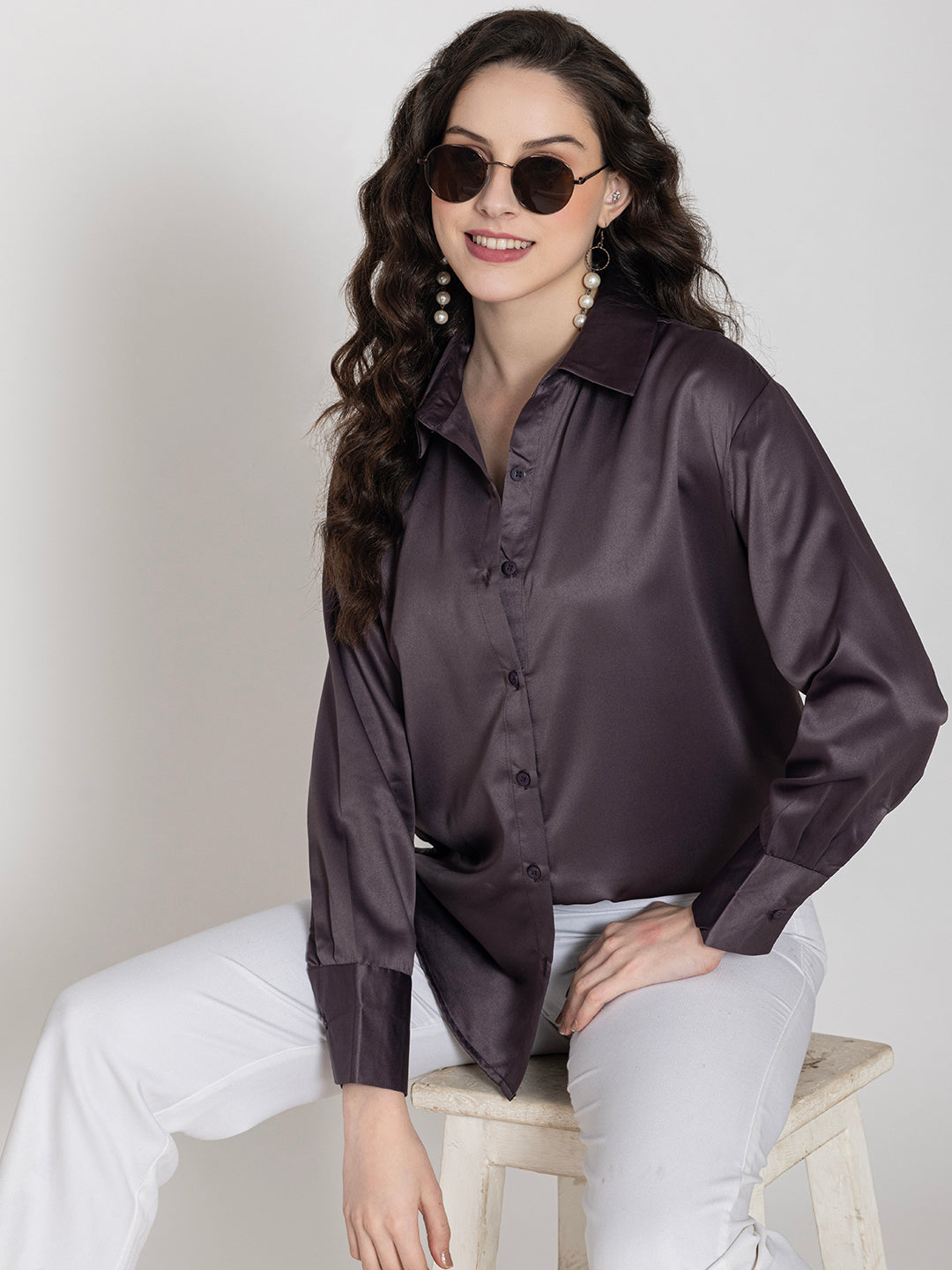 Lifestyle shot of woman in steel grey satin shirt