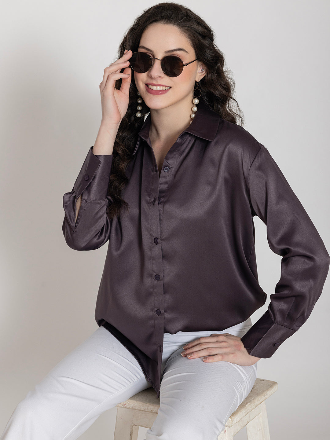 Model wearing steel grey satin relaxed shirt for women