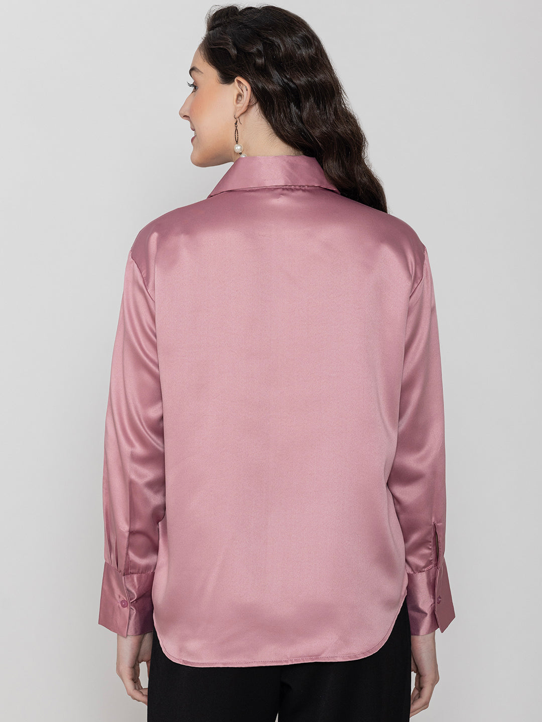 Side view of light pink satin shirt styling