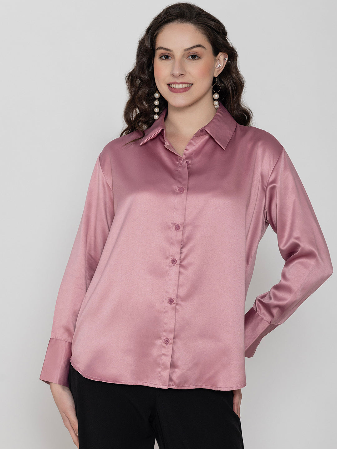 Back view of light pink satin shirt