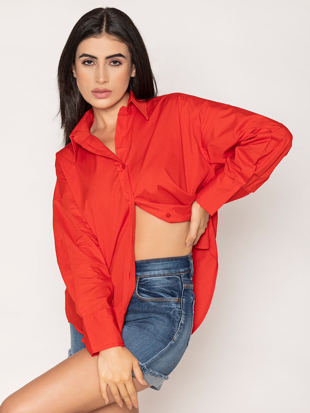 Detail shot of red cotton poplin sleeve and cuff