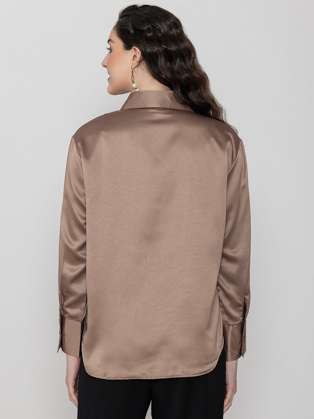 Front view of beige satin shirt with spread collar