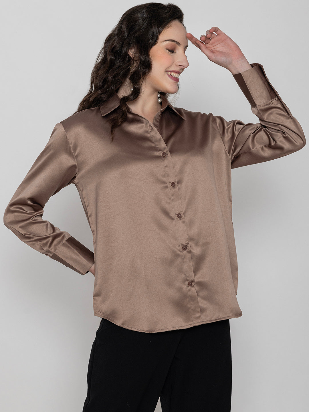 Back view of beige satin shirt