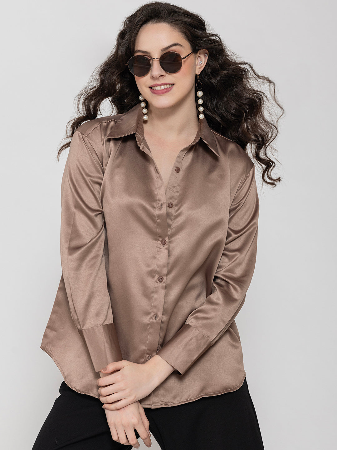 Model wearing beige satin relaxed shirt for women
