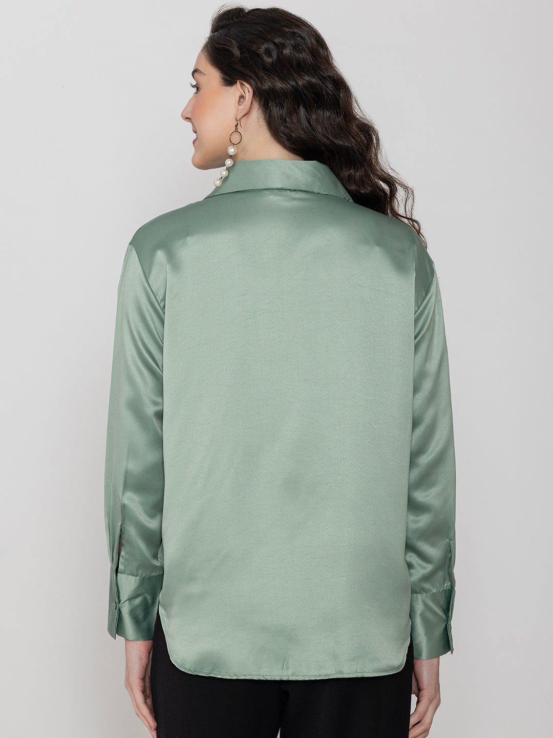 Side view of light green satin shirt