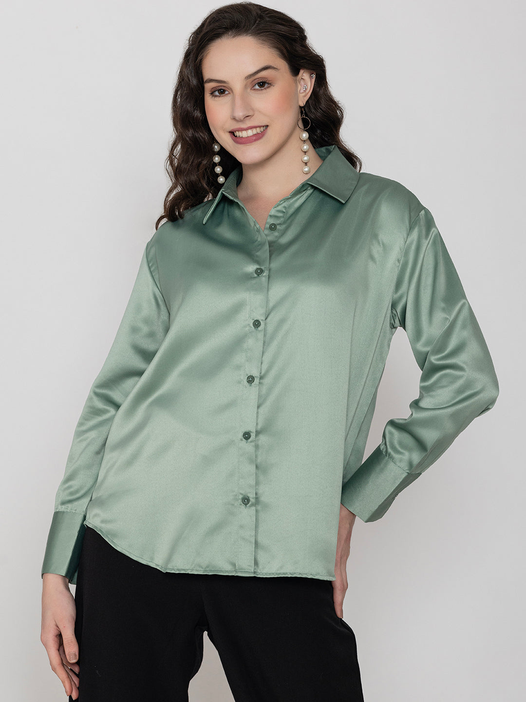 Back view of light green satin shirt