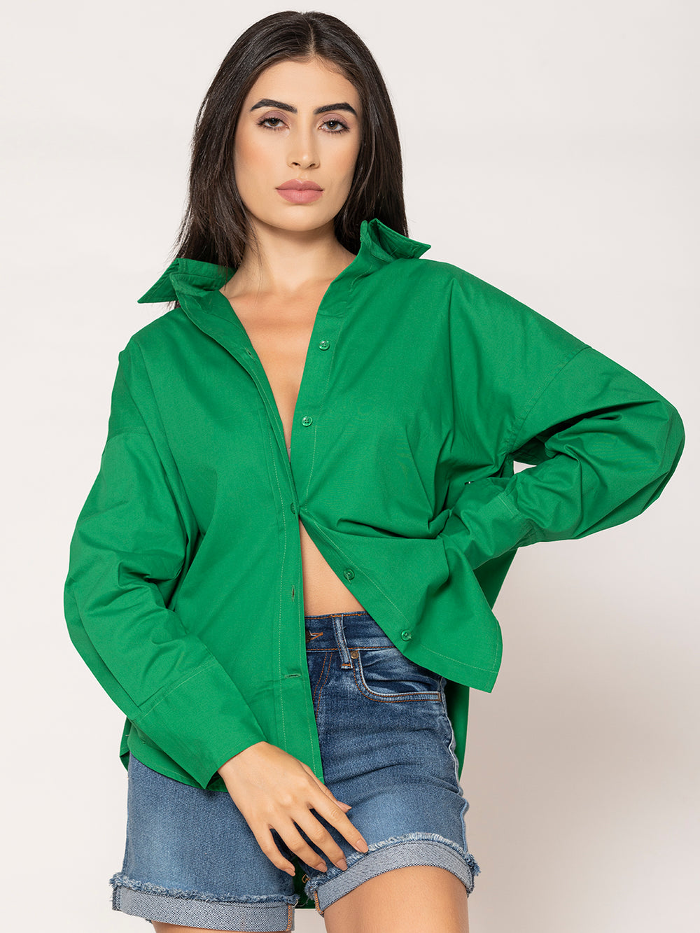 Side view of green cotton poplin shirt