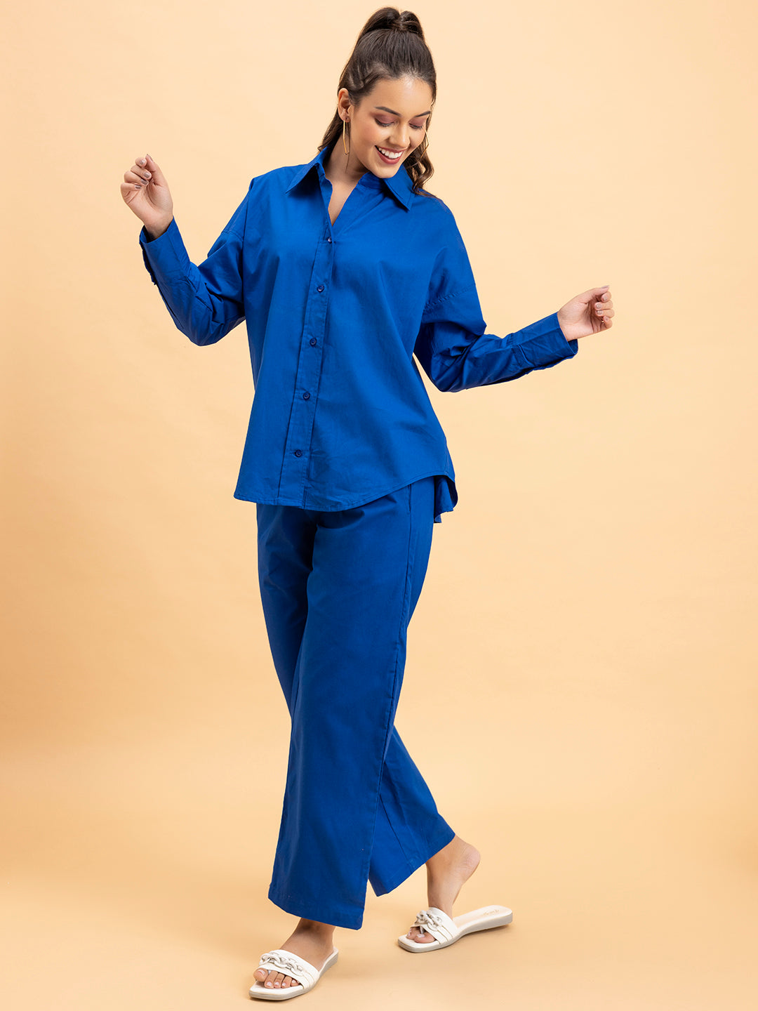 Back view of royal blue cotton co-ord set