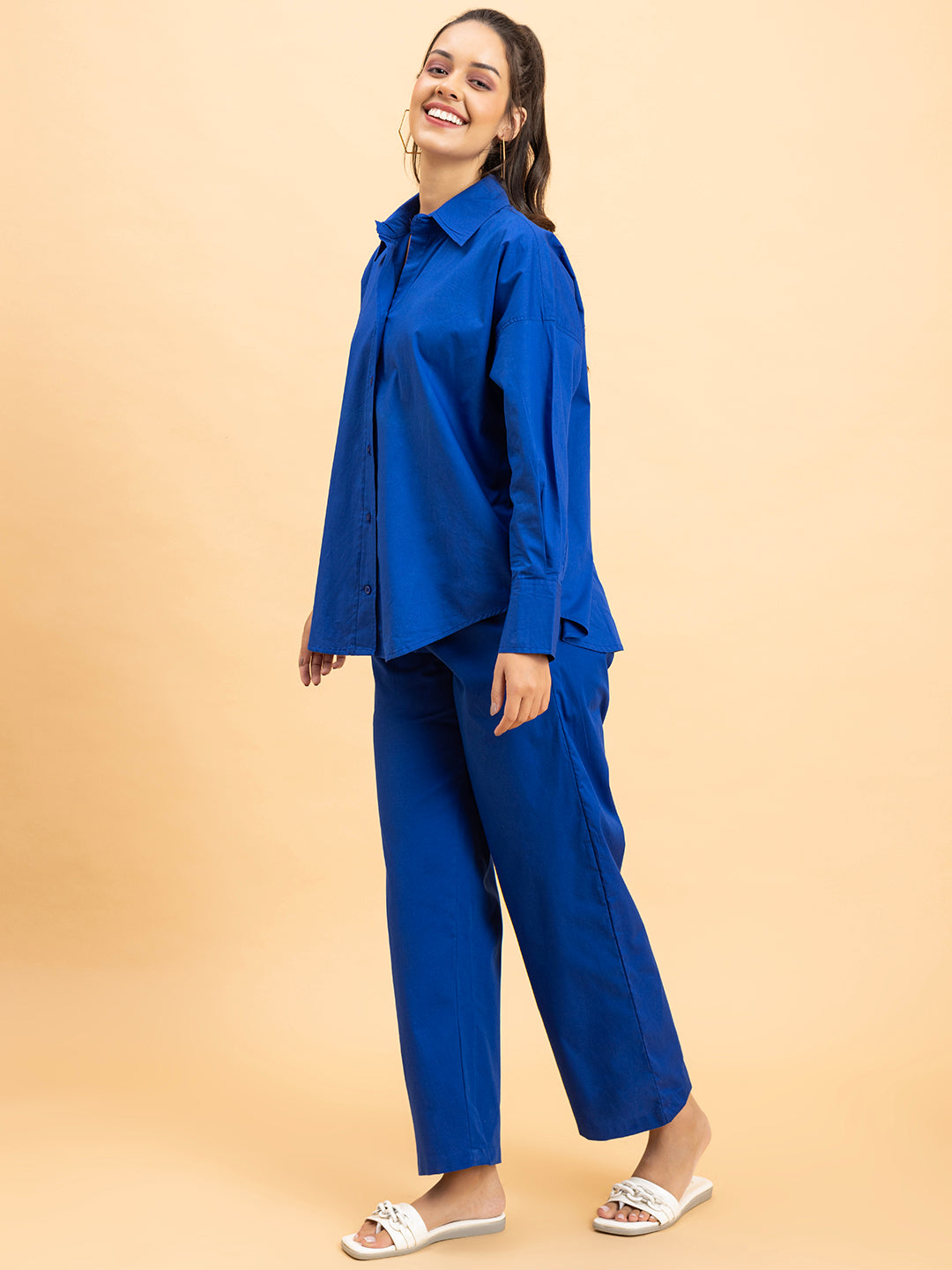 Three-quarter view of royal blue cotton co-ord set