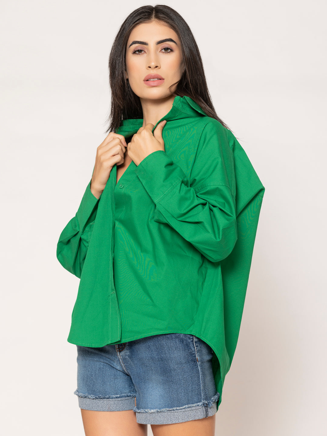 Close-up of green cotton poplin fabric