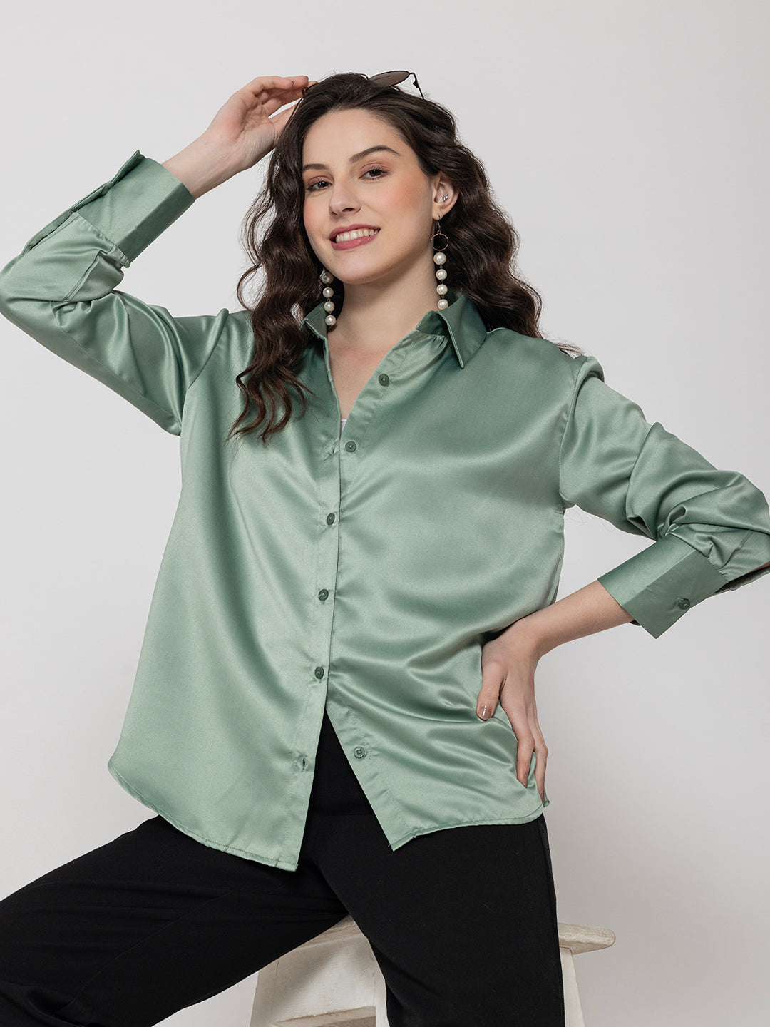 Model wearing light green satin relaxed shirt for women