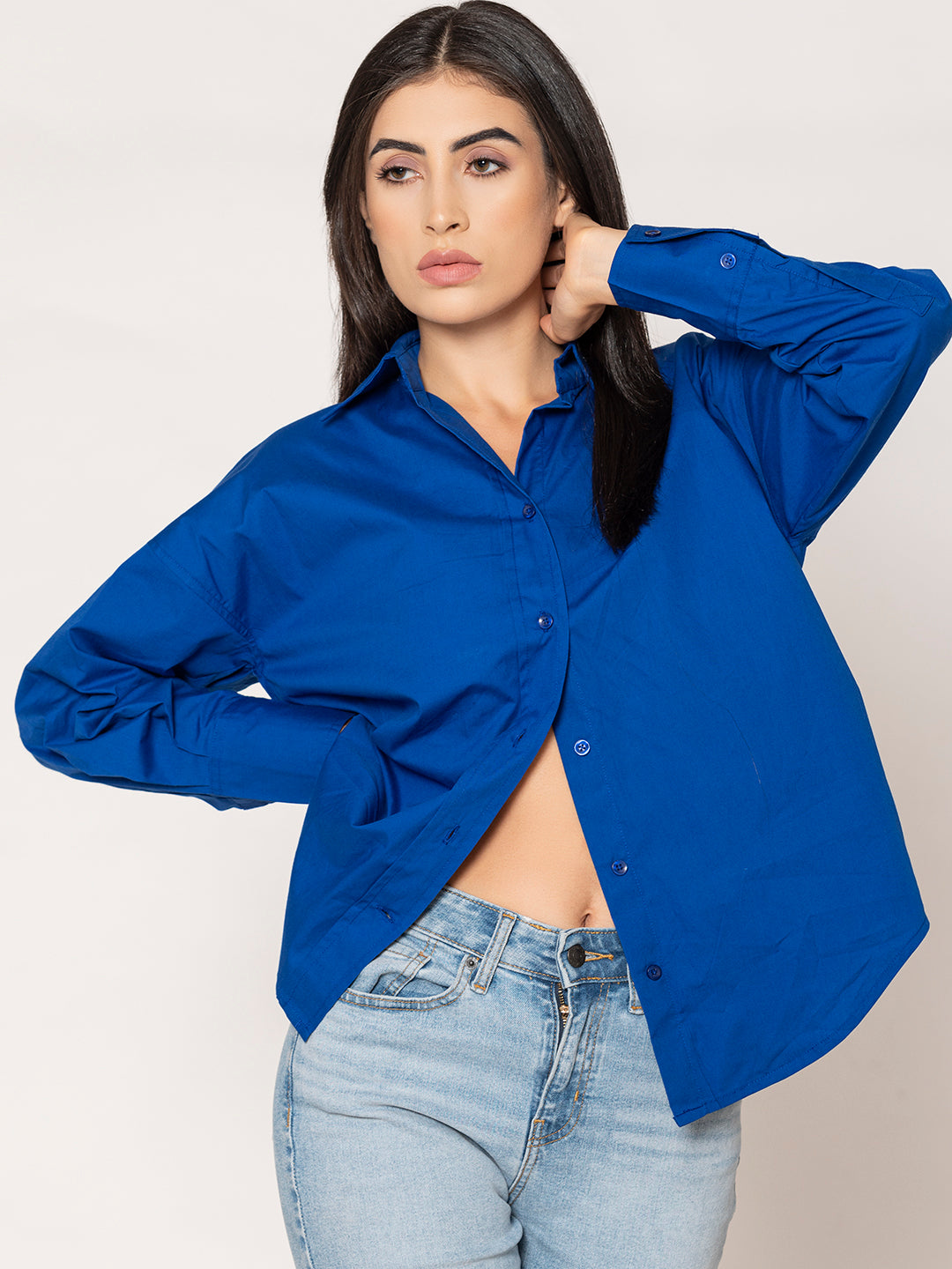 Buttoned cuff detail on royal blue poplin shirt