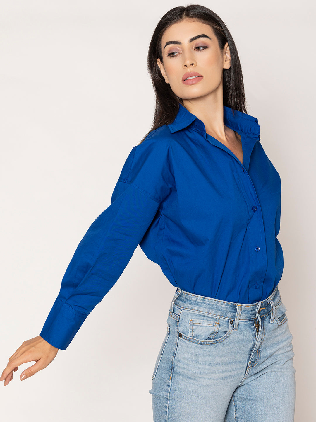 Back view of royal blue cotton poplin shirt
