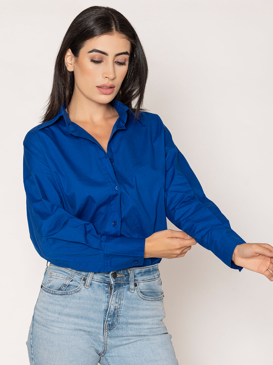 Close-up of royal blue cotton poplin fabric