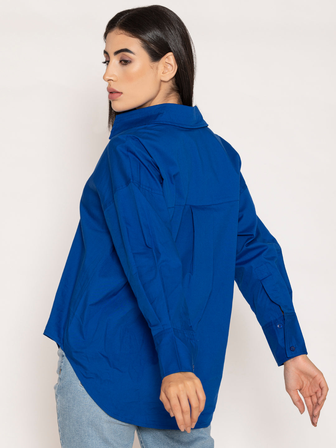 Detail of royal blue cotton poplin shirt