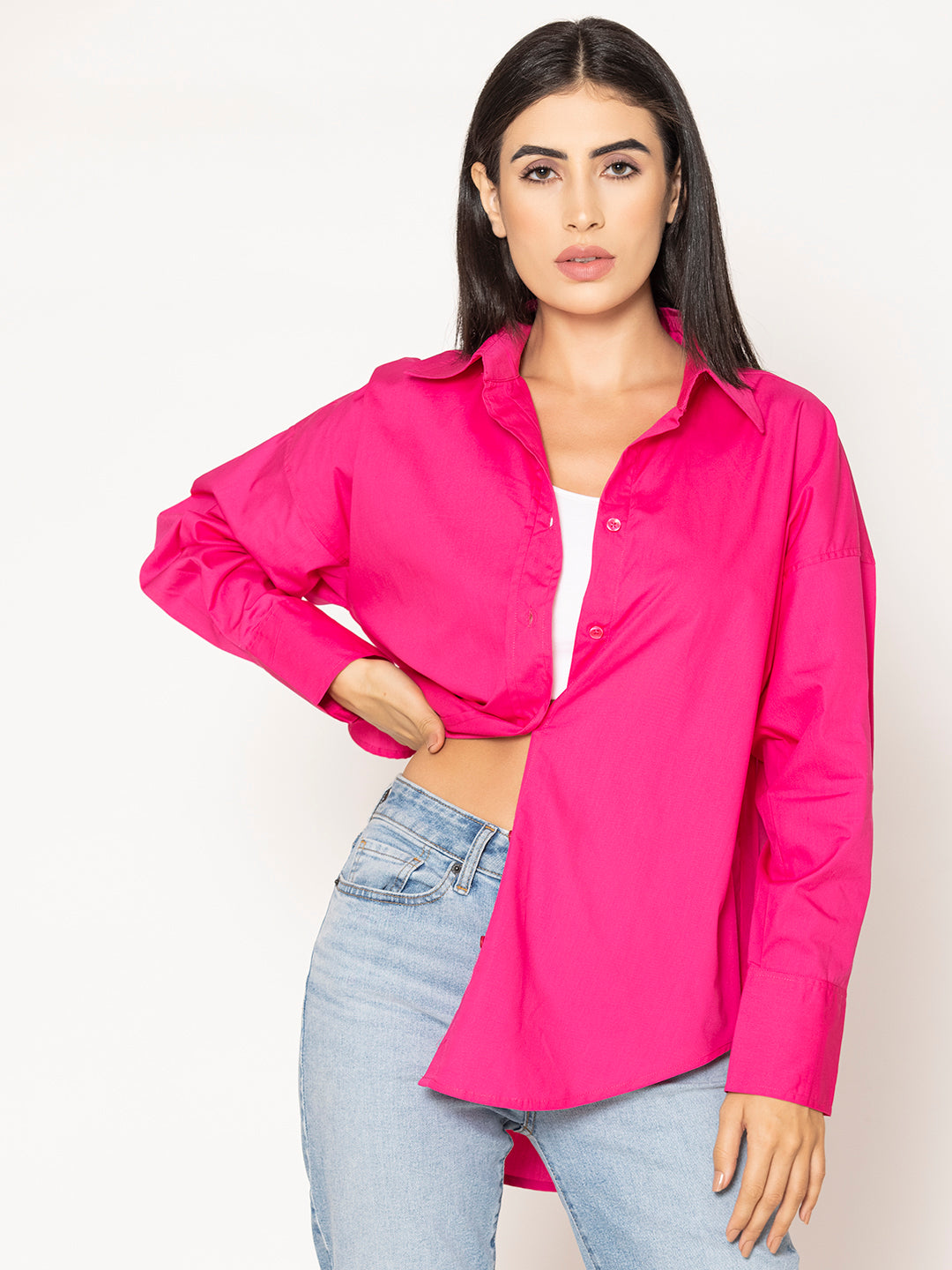 Back view of hot pink poplin shirt