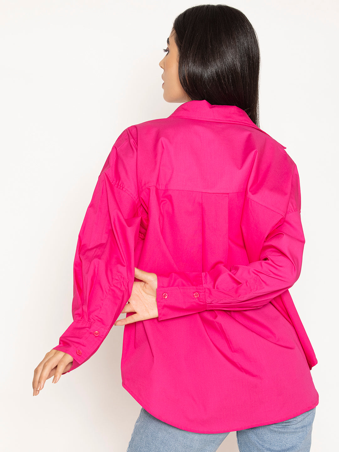 Detail shot of hot pink cotton poplin shirt