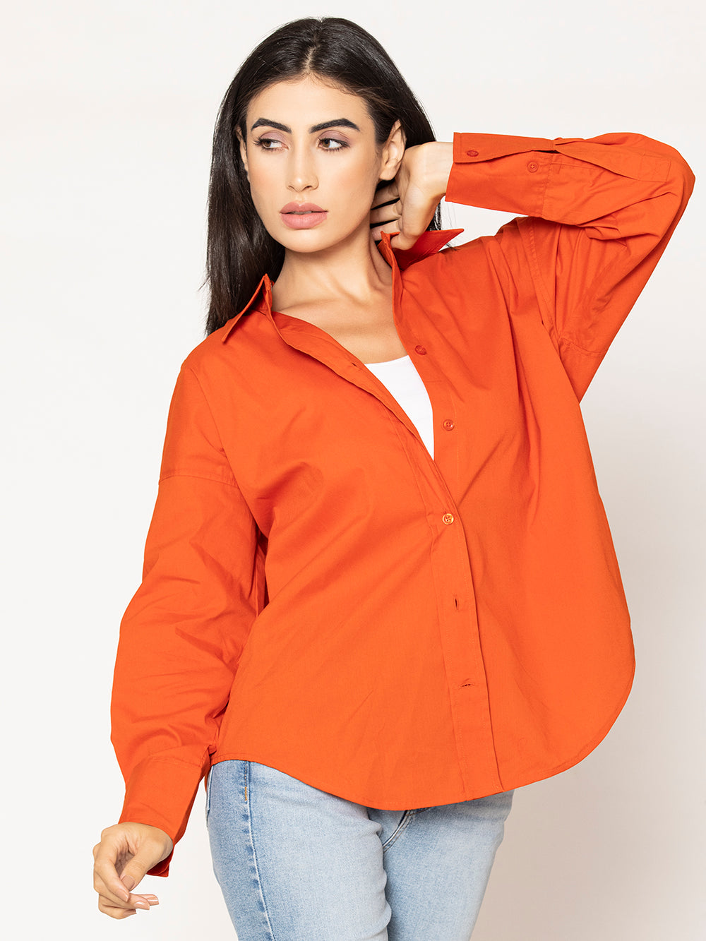 Side view of rust cotton poplin shirt