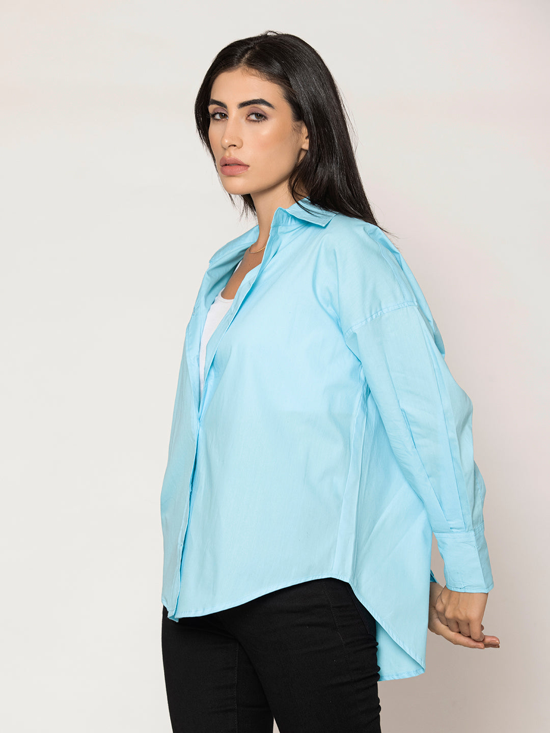 Buttoned cuff detail on sky blue poplin shirt