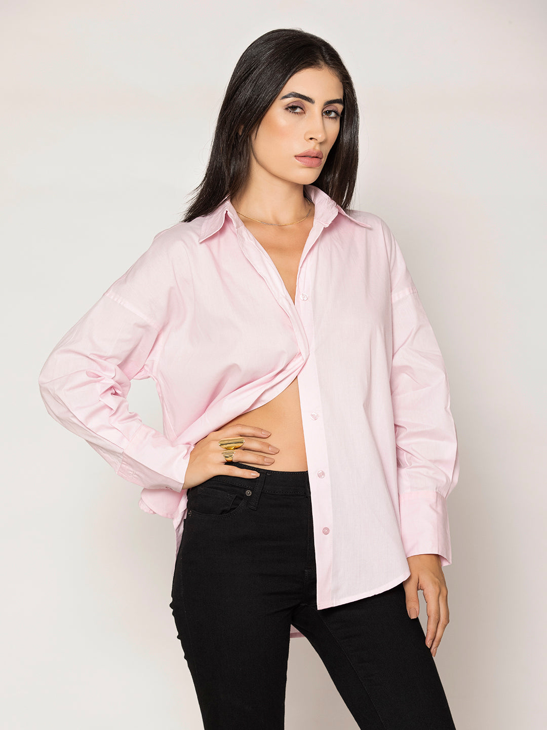 Side view of light pink cotton poplin shirt