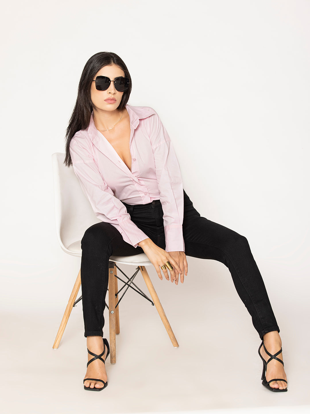 Front view of light pink cotton poplin oversized shirt for women
