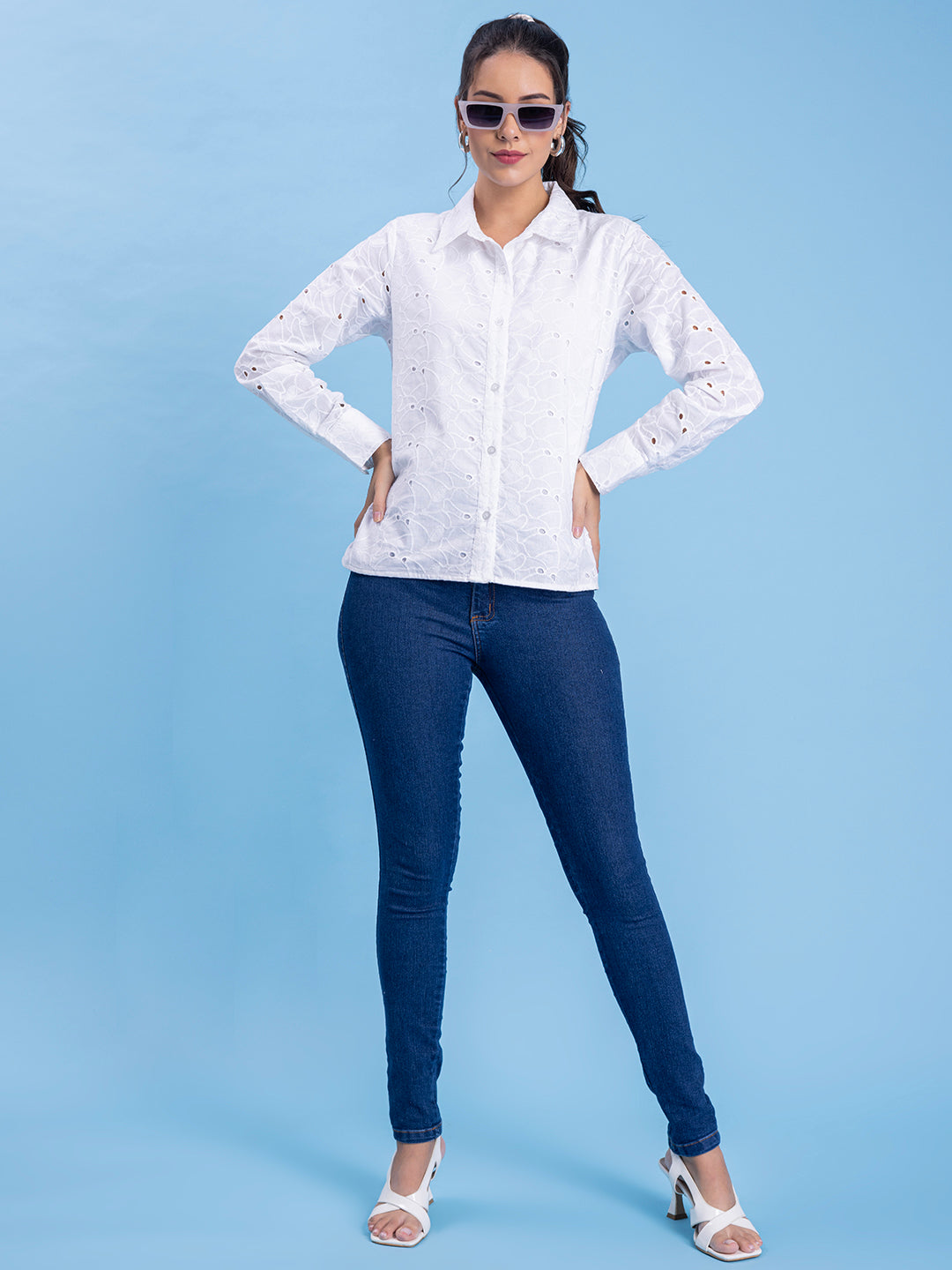 Lifestyle styling shot of white Schiffli shirt