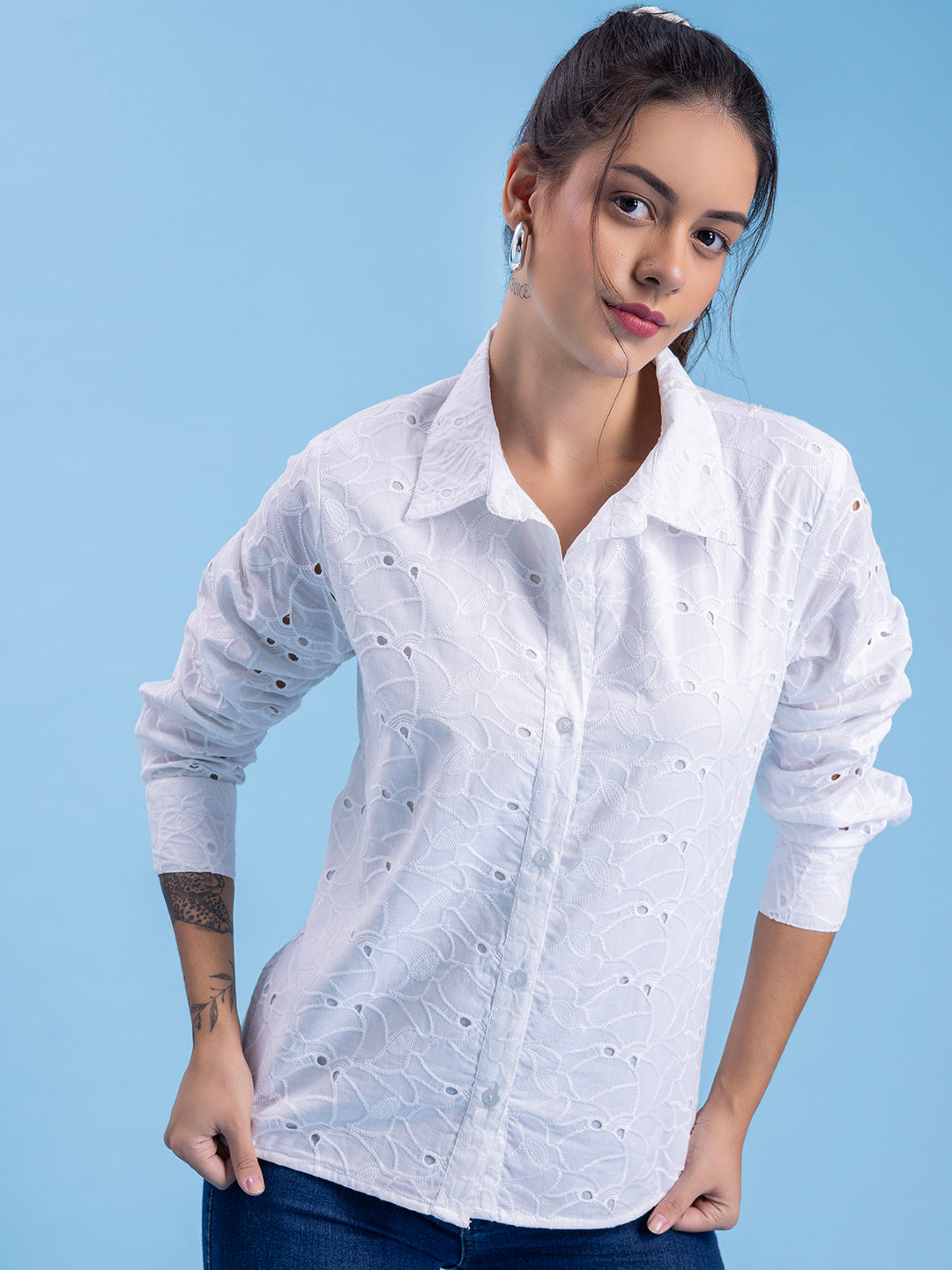 Front view of white Schiffli embroidered cotton shirt