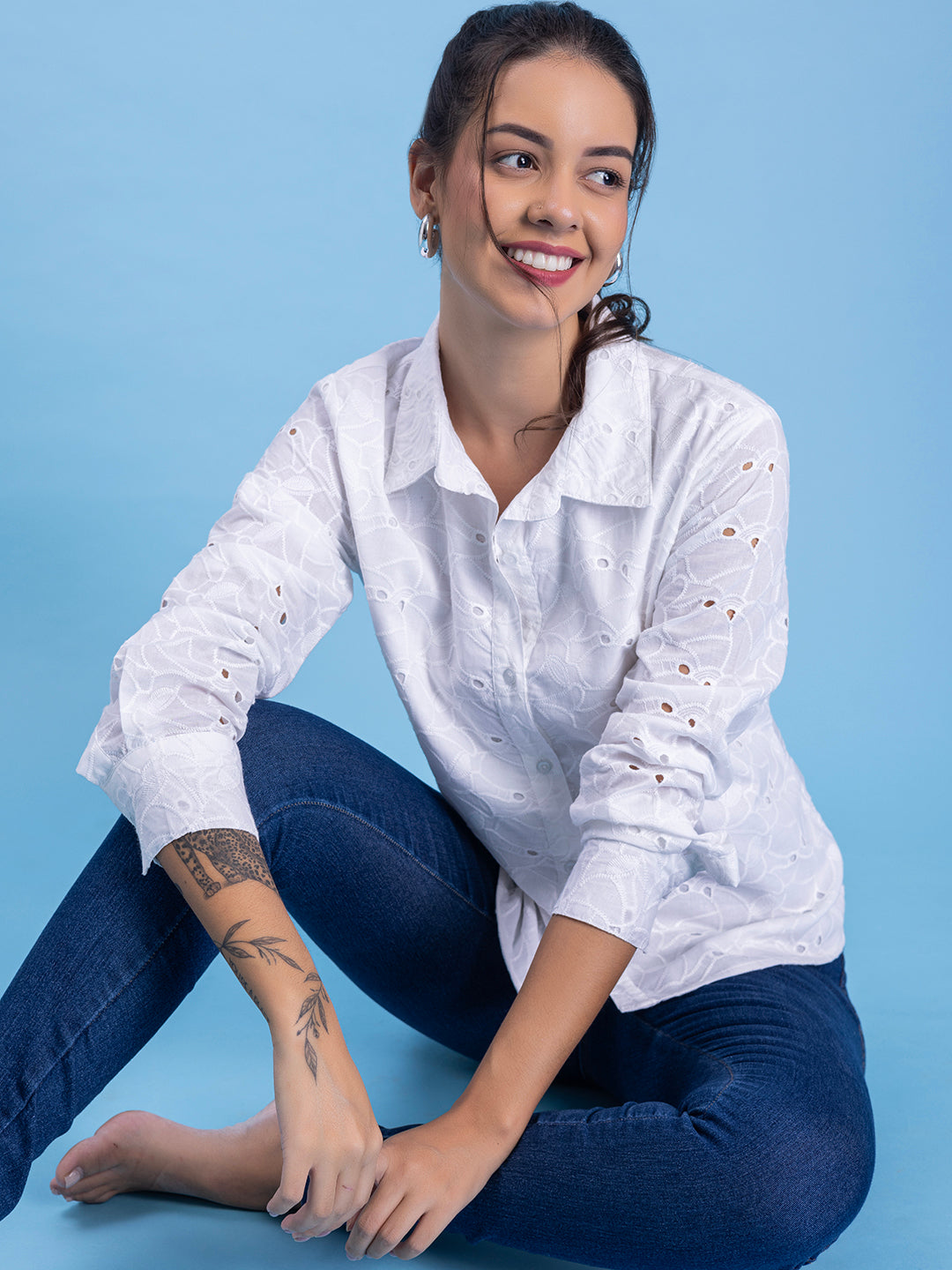 Full outfit shot featuring white Schiffli shirt