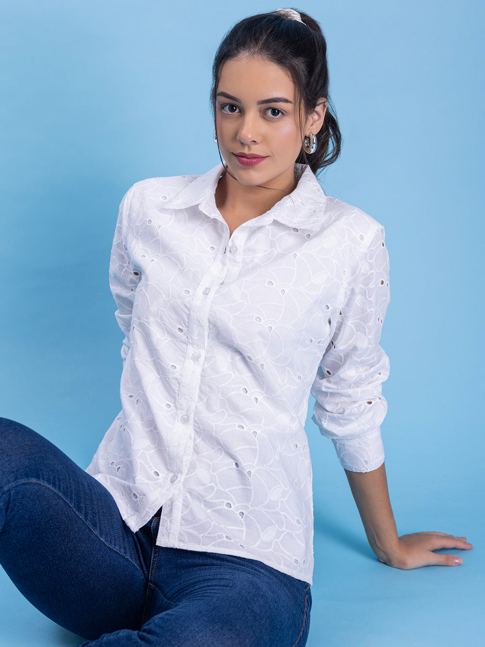 Side view of white cotton shirt with Schiffli embroidery