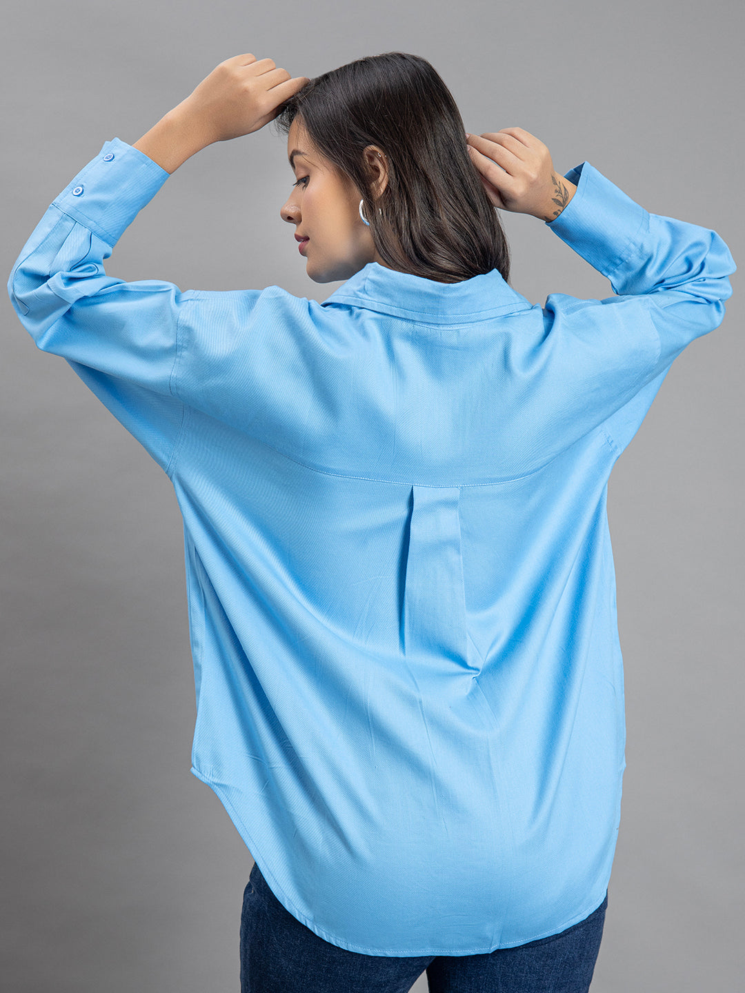 Back view of sky blue cotton oversized shirt