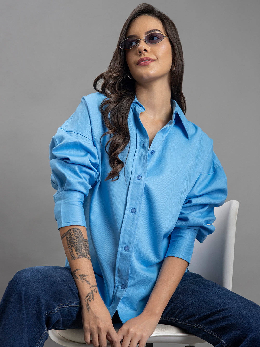 Front view of sky blue twill cotton oversized shirt