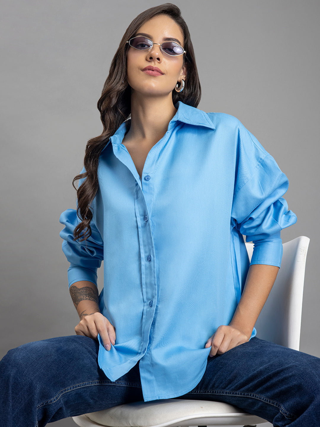 Three-quarter view of sky blue cotton oversized shirt