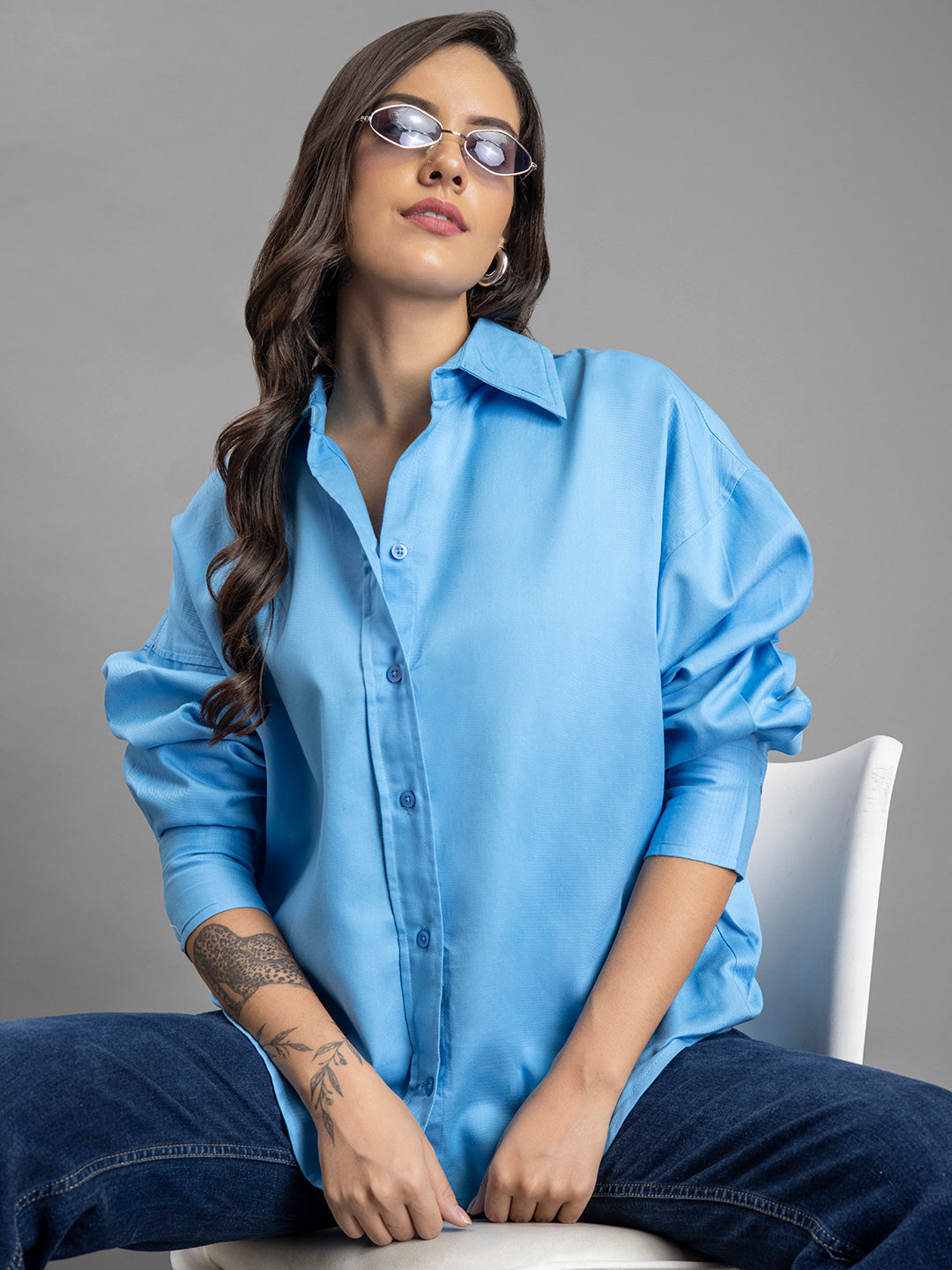 Sky blue cotton oversized shirt styled with denim