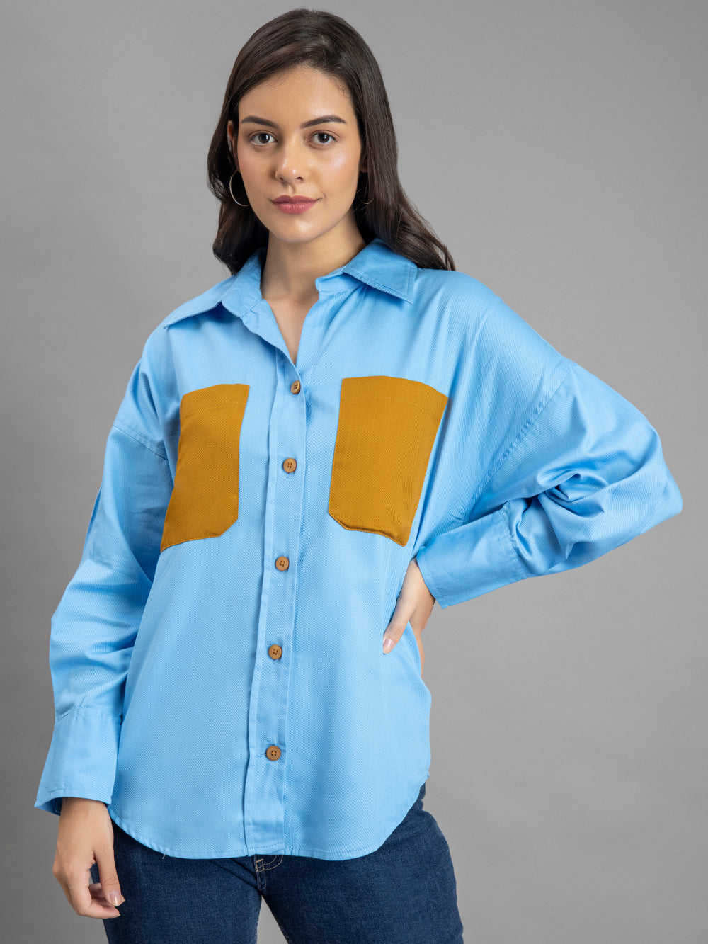 Side view of sky blue twill cotton oversized shirt