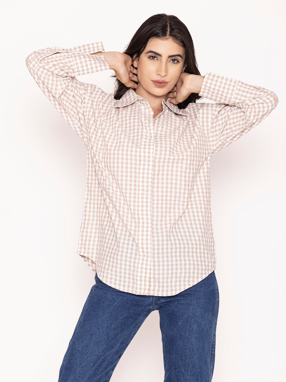 Side view of khaki checked cotton shirt