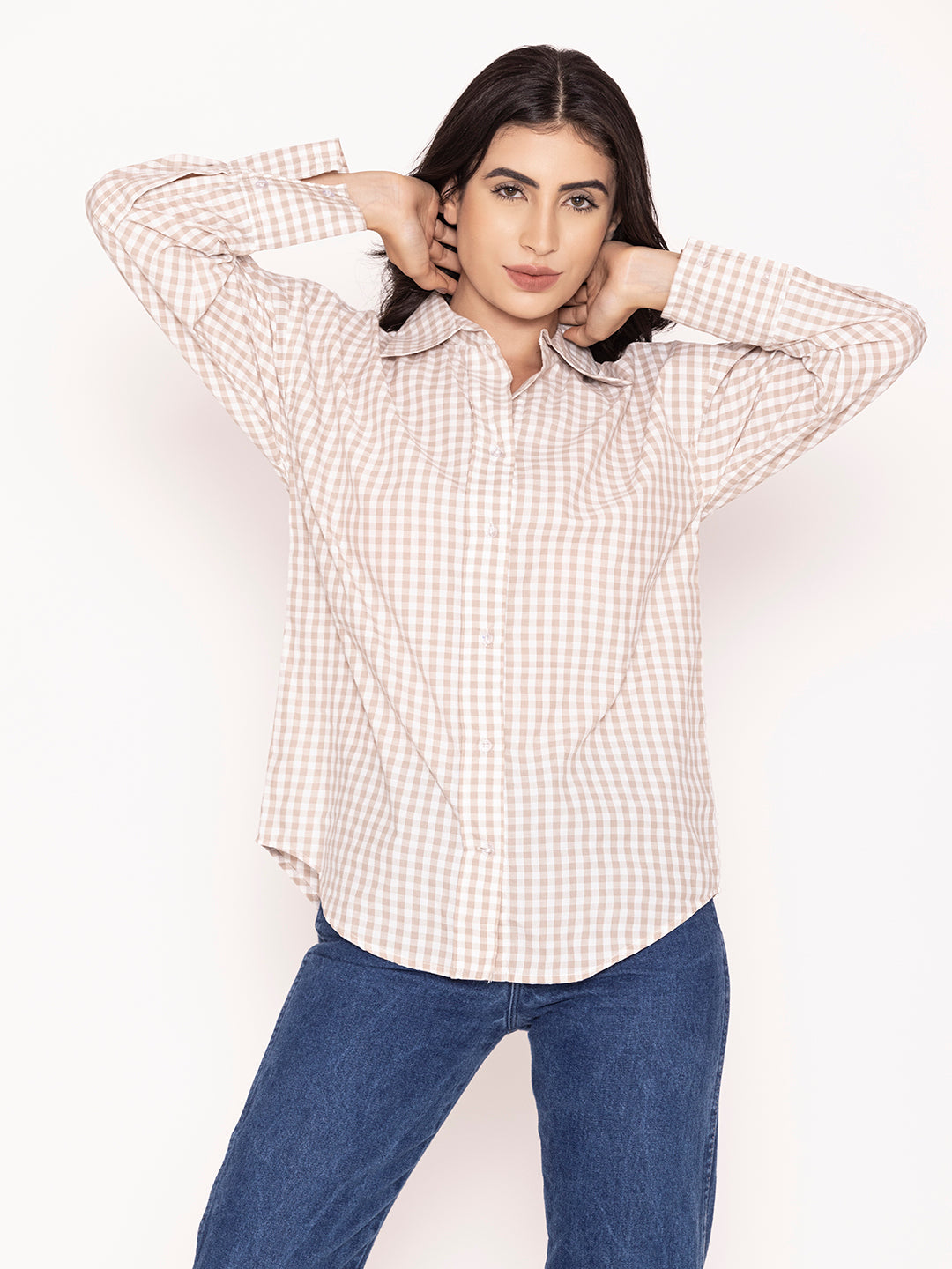Side view of khaki checked cotton shirt