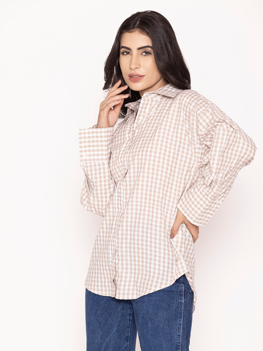 Curved hem detail on khaki checked cotton shirt