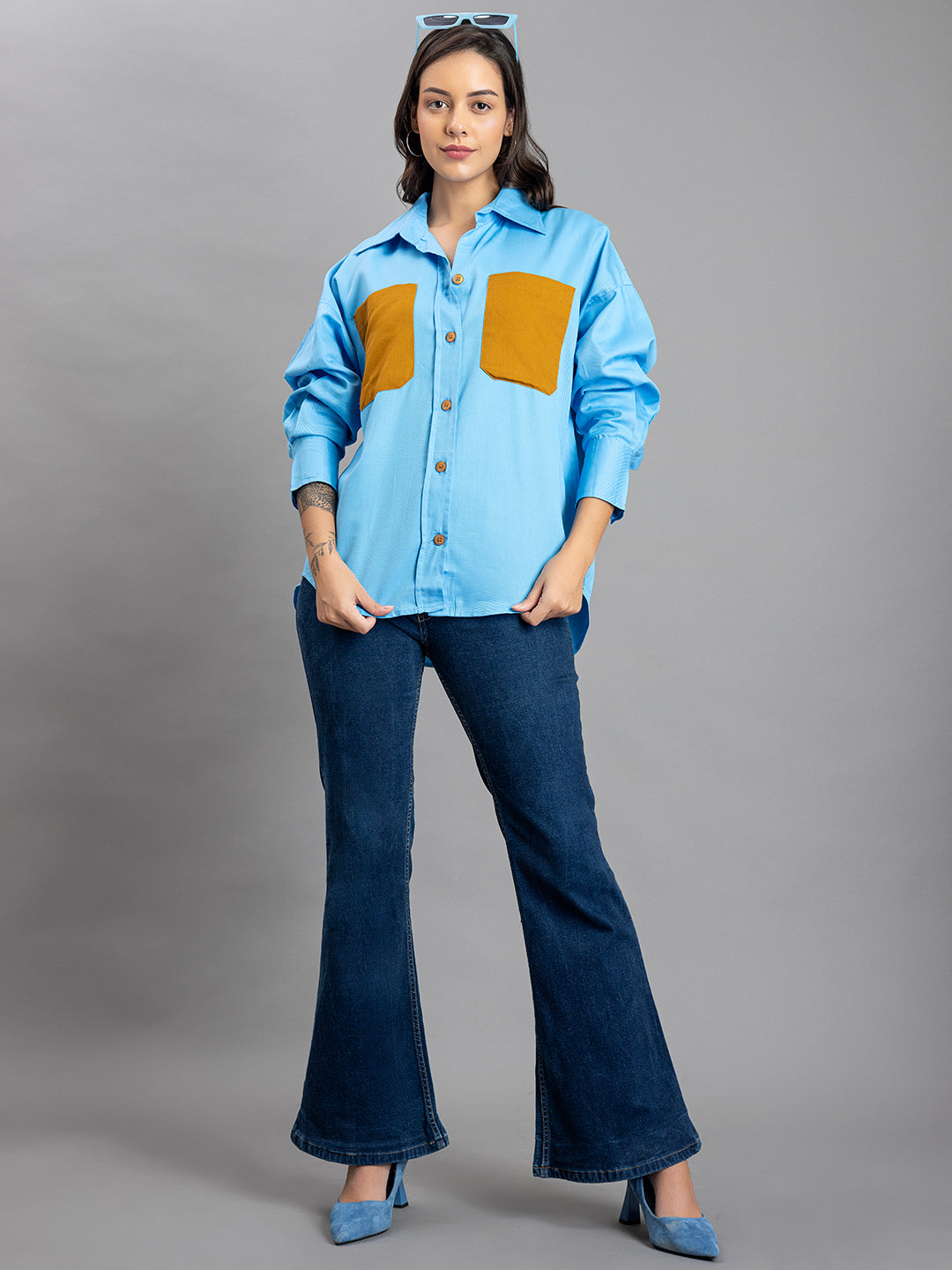 Final styled image of sky blue twill cotton shirt
