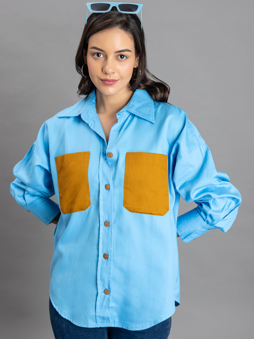 Front view of sky blue twill cotton pocket shirt