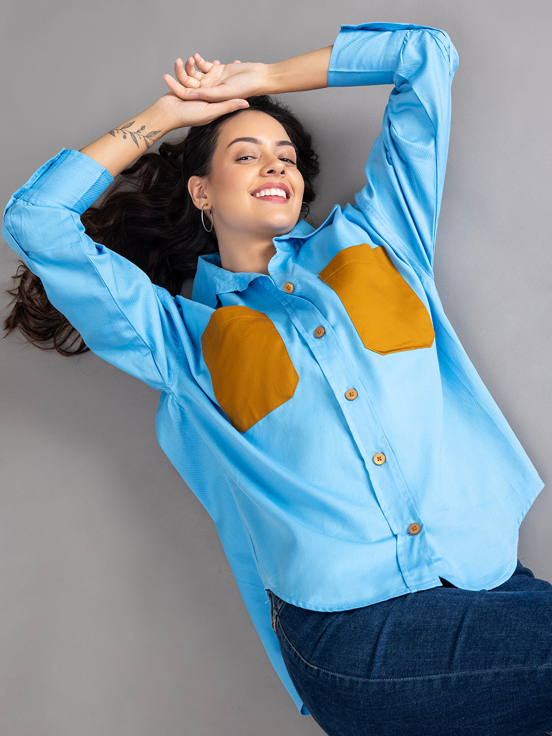 Back view of sky blue twill cotton shirt