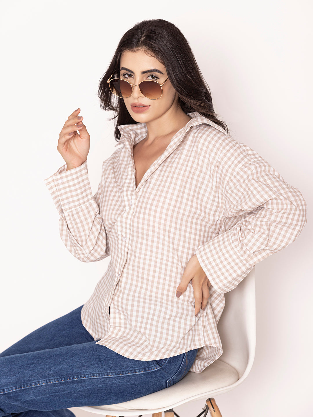 Front view of khaki checked cotton oversized shirt for women