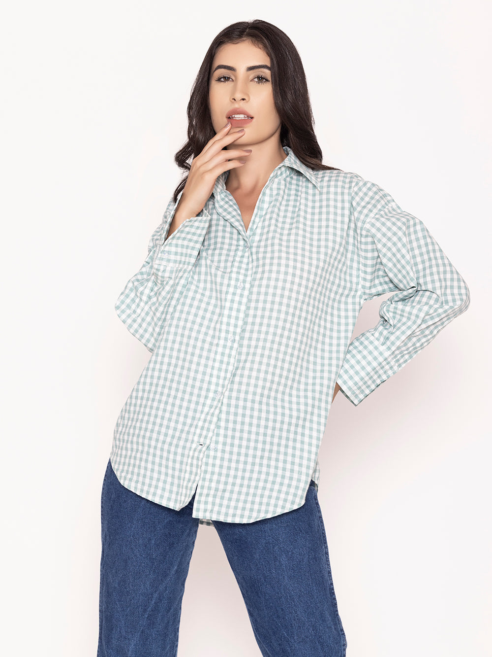 Side view of green checked cotton shirt