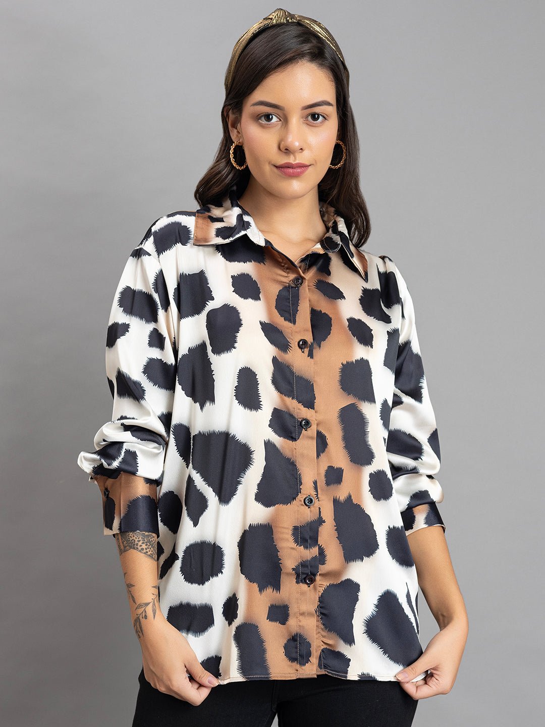 Animal print satin shirt drape and movement